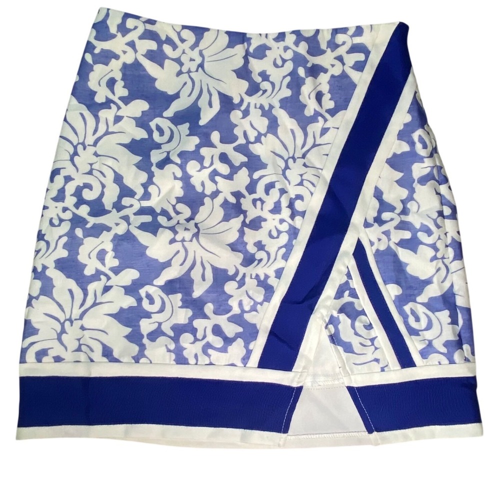 Lucy Paris Blue White Floral Damask Faux Wrap Mini Skirt Small Ribbon‎ Trim